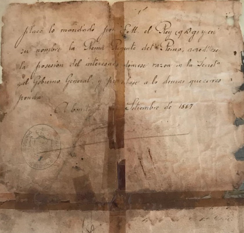 Royal Spanish appointment letter for Domingo Suarez y Rosas dated 1887. (Courtesy Florencia Lemmer Suarez) Royal Spanish appointment letter for Domingo Suarez y Rosas dated 1887. (Courtesy Florencia Lemmer Suarez)